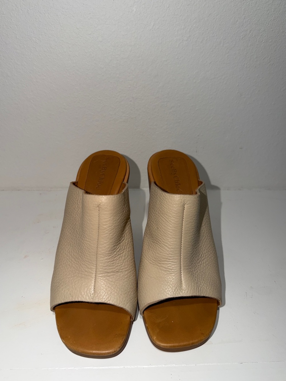 See By Chloé Cream Leather Open-Toe Mule Slides